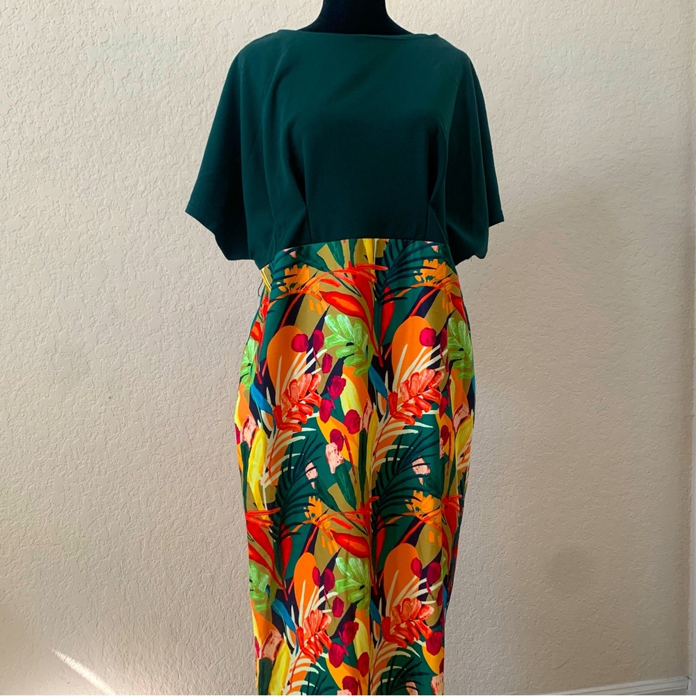 Green and Tropical Floral Sheath Dress